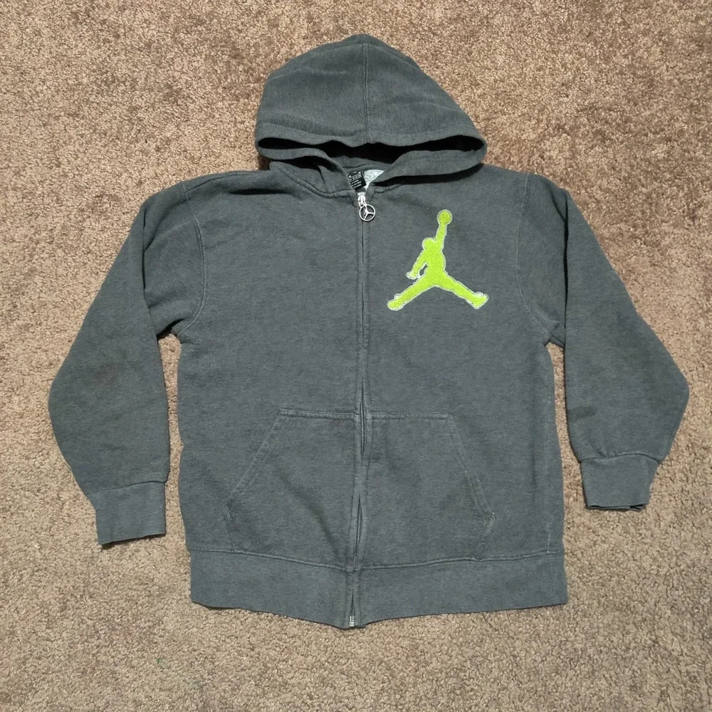 Nike Jordan Jacket Boys Kids Size‎ Medium Gray Green Full Zip Hoodie Sweatshirt